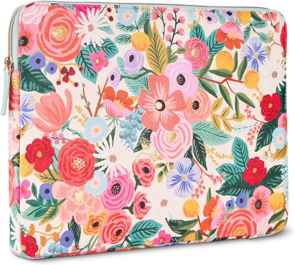 Rifle Paper Co. Laptop Sleeve 14” – Protective Laptop Sleeve/Cover with Padded Exterior, Satin Interior – Floral; For 12 – 14 Inch MacBook Pro/Air M3, HP, Asus, Dell, Acer – Garden Party Blush