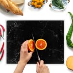 Glass Cutting Board 16″x12″: Tempered Glass Kitchen Counter Protector – Durable- Scratch-Resistant, Heat-Proof – Design 1 – Black Marble Effect