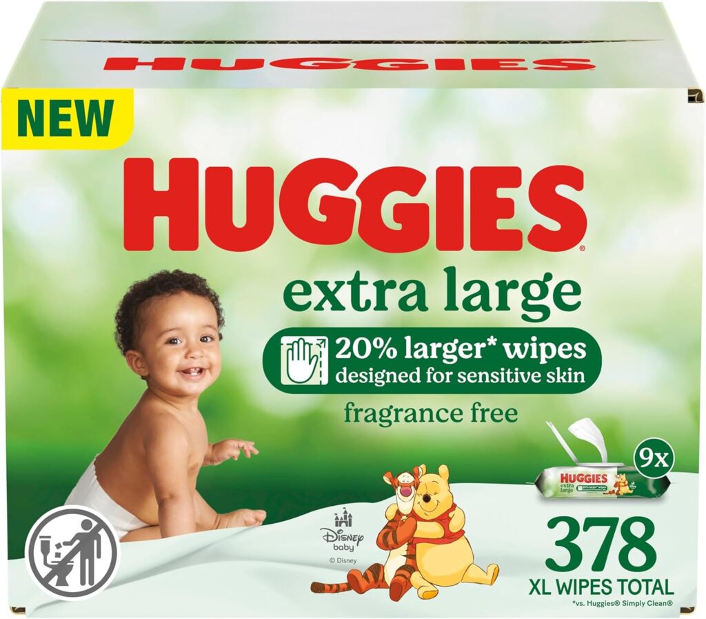 Huggies Extra Large Baby Wipes, Unscented, 9 Flip-Top Packs, 378 XL Wipes Total, Packaging May Vary