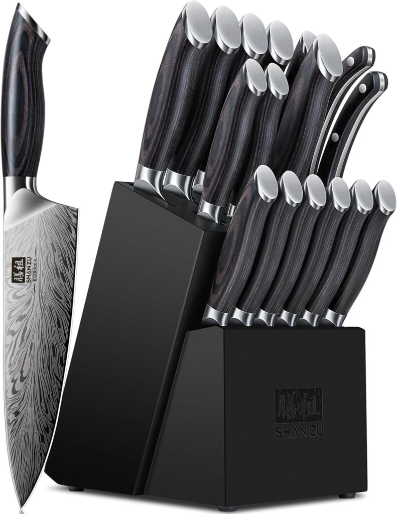SHAN ZU 16 Pieces Knife Set, Knife Block Set in Powder Steel, Ultra Sharp Kitchen Knives Set, High Hardness Japanese Knife Set with Ergonomic Pakkawood Handle, Chef Knives Set for Kitchen Cooking