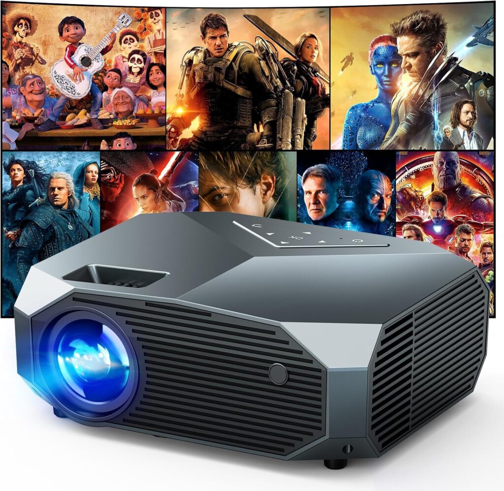 YOWHICK 4K Projector with WiFi and Bluetooth, Native 1080P Outdoor Movie Projector, Smart Video Projector, 50% Zoom/400″ Display, Compatible with HDMI/USB/PC/TV/PS5/DVD/Android/iOS, Grey