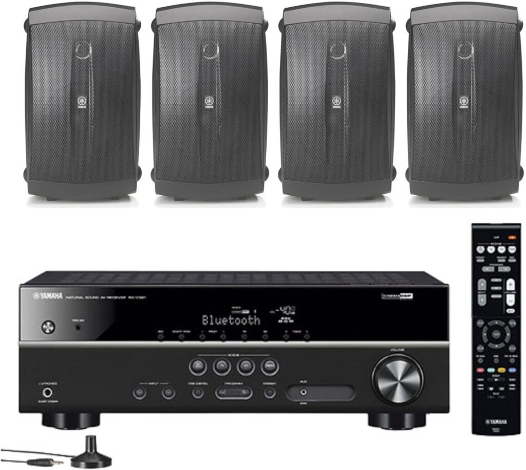 Yamaha 5.1-Channel Wireless Bluetooth 4K A/V Home Theater Receiver + Yamaha Natural Sound 2-Way 120 watts 2-Way Indoor/Outdoor Weatherproof Speakers (Set of 4)