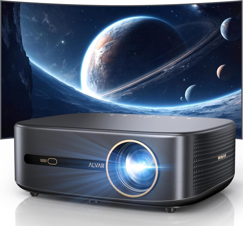 [1200 ANSI & Audio by DBX-TV] Alvar Projector with WiFi 6 and Bluetooth, 30W Speakers, NetfIix Certified & DoIby Audio Outdoor Proyector, Auto Focus Native 1080P Smart Projector, Black