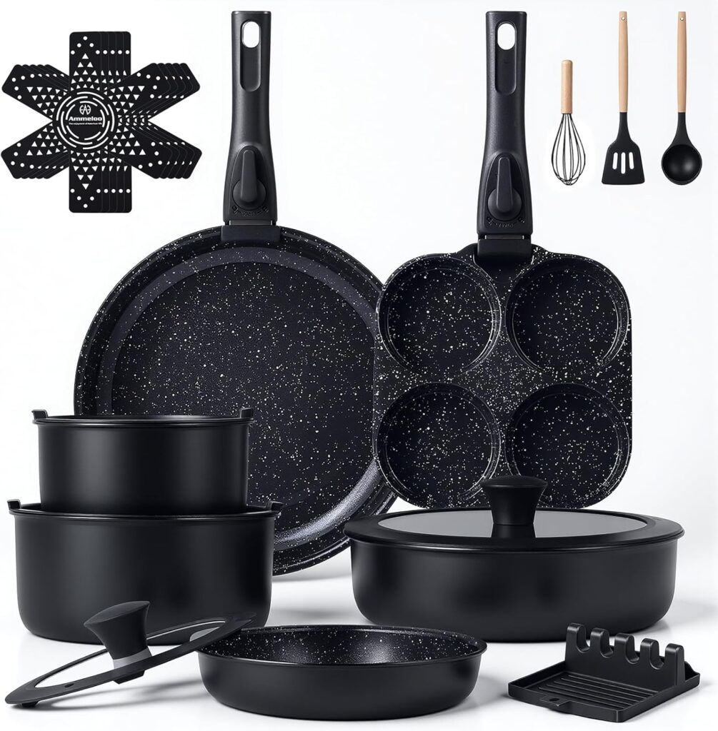 Ammeloo 21-Piece Ceramic Pots and Pans Set Non Stick with Detachable Handles and Egg Frying Pan, Non-Toxic Cookware, Induction Ready, Oven Safe, Stackable for Storage, Black Speckled
