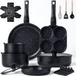 Ammeloo 21-Piece Ceramic Pots and Pans Set Non Stick with Detachable Handles and Egg Frying Pan, Non-Toxic Cookware, Induction Ready, Oven Safe, Stackable for Storage, Black Speckled