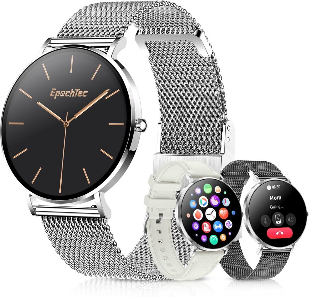 Ultra-thin Stainless Steel Smartwatch for Women Men, 1.32” Amoled Full-touch Bluetooth Smart Watch, 24/7 Heart Rate & Sleep Monitor Digital Watch,IP68 Waterproof Fitness Tracker &100+ Sports (Silver)