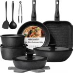 20 Pcs Pots and Pans Set Non Stick, Stackable Cookware Sets with Detachable Handle, Granite Induction RV Kitchen Portable Cooking Set Removable Handles, Dishwasher & Oven Safe, Black