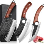 Huusk Butcher Knife Set Hand Forged Serbian Chef Knife Viking Boning Knife Cleaver Knife 3PCS Kitchen Knife Set for Meat Cutting Home & Outdoor Cooking BBQ Knives Gift for Men
