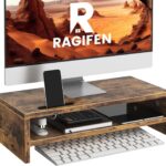 Wood Monitor Stand for Desk, 2 Tier Anti-slip Monitor Riser for Desktop with Phone Slot, Sturdy Computer Stand with Storage Shelves, Sturdy Laptop Riser Monitor Shelf, Easy to Assemble, Rustic Brown