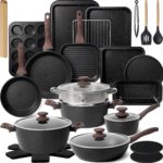 Kikcoin Pots and Pans Set Non Stick 31 Piece Kitchen Nonstick Cooking Cookware Sets with Grill Pan Saucepan Baking Sheet Utensil