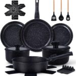 Ammeloo 21 Pcs Pots and Pans Set Non Stick, Ceramic Kitchen Cookware Set with Detachable Handle, Non Toxic Cooking Set for Kitchen, RV, Camping and Fridge, Induction Ready, Dishwasher/Oven Safe, Black