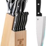 Moss & Stone 14 Pcs Knife Block Set Stainless Steel, Premium Forged Kitchen Knives Set with High-Carbon Blades, Ergonomic Handle, Sharp Blade, Rust Resistant, Modern Style for Home & Chef, Black