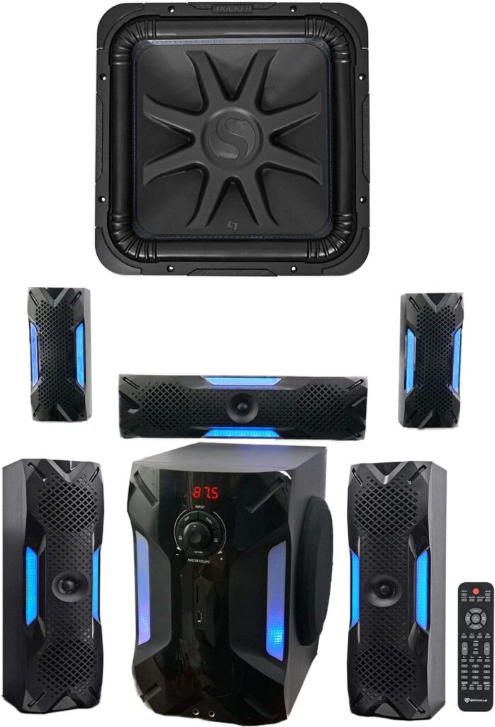Audiosavings Bundle: Kicker L7S152 15″ 2000 Watt Solobaric L7S Car Subwoofer Solo-Baric 44L7S15-2 Bundle with Rockville HTS56 1000w 5.1 Channel Home Theater System/Bluetooth/USB+8″ Subwoofer (2 items)