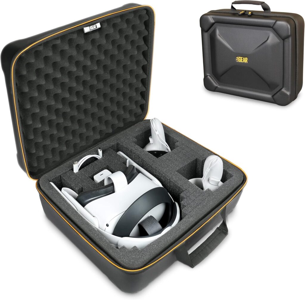 USA Gear VR Headset Case – Virtual Reality Hard Shell Storage Compatible with Meta Quest 3s, Oculus Quest Gaming Headset & More – VR Travel Case with Customizable Foam Interior & Egg-Crate Foam Top