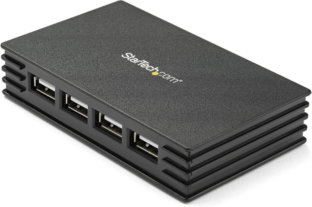 StarTech.com 4 Port Compact Black USB 2.0 Hub – Bus-powered or with Included Power Adapter – Portable Mac/PC laptop hub, TAA (ST4202USB)