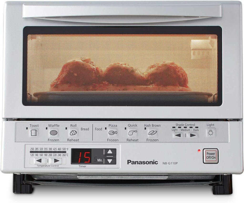 Panasonic FlashXpress Toaster Oven Countertop, 4-Slice Compact Size with Double Infrared Heating, 6 Auto Cook Options and Precise Temperature Control, 1300W – NB-G110P (Silver)