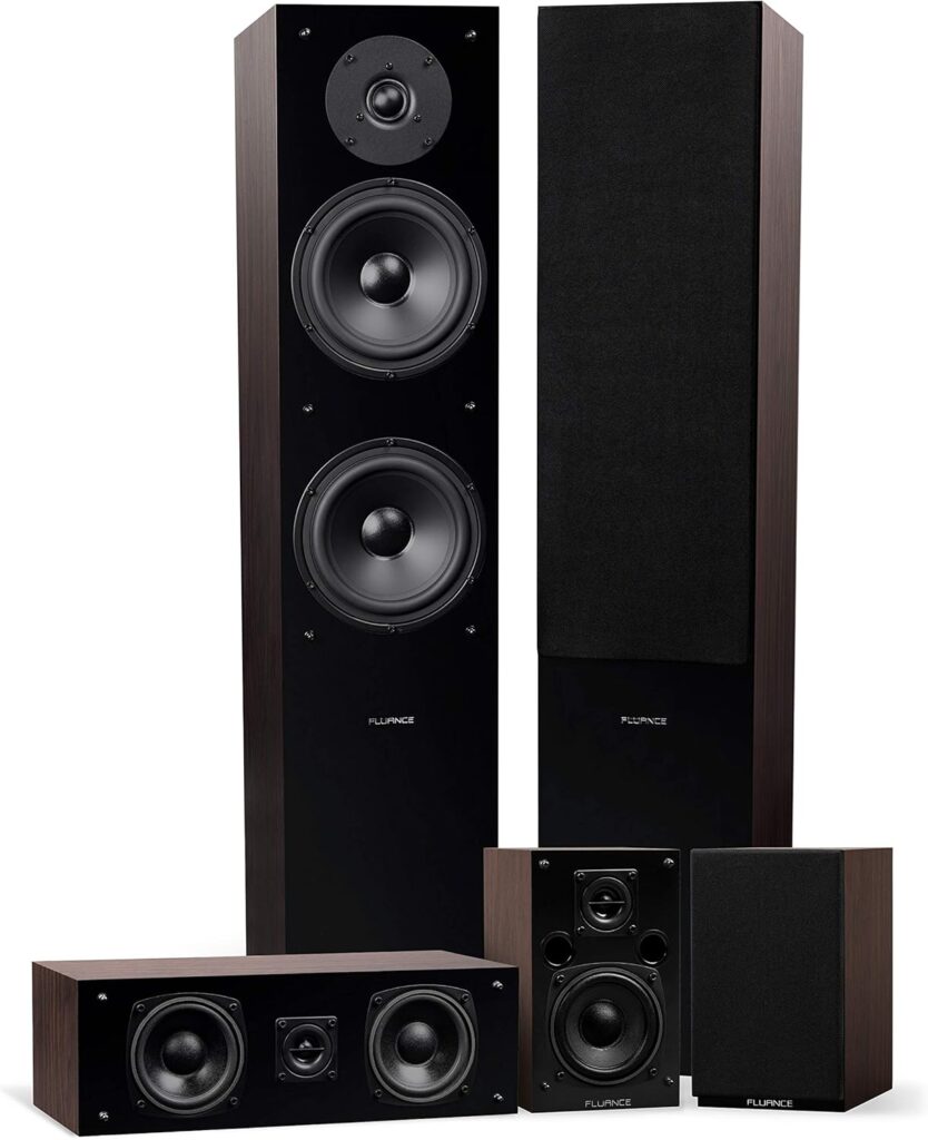 Fluance Elite High Definition Surround Sound Home Theater 5.0 Channel Speaker System Including Floorstanding Towers, Center Channel and Rear Surround Speakers – Natural Walnut (SXHTBW)