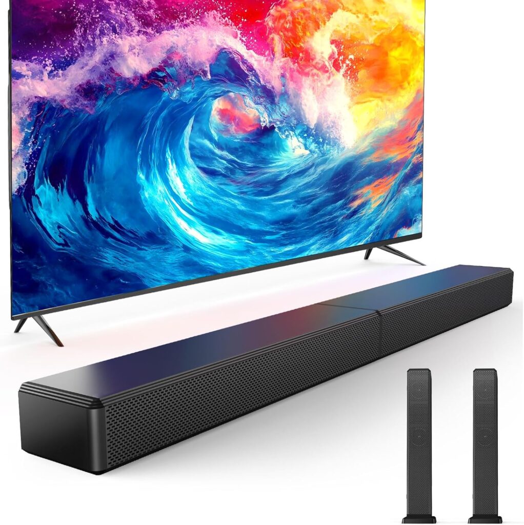 2.0 ch 100W Sound Bar for Smart TV, 2-in-1 Detachable Bluetooth 5.3 Speaker with 3 EQ Modes & Adjustable Bass – Home Theater Audio for Movies, Gaming, Music