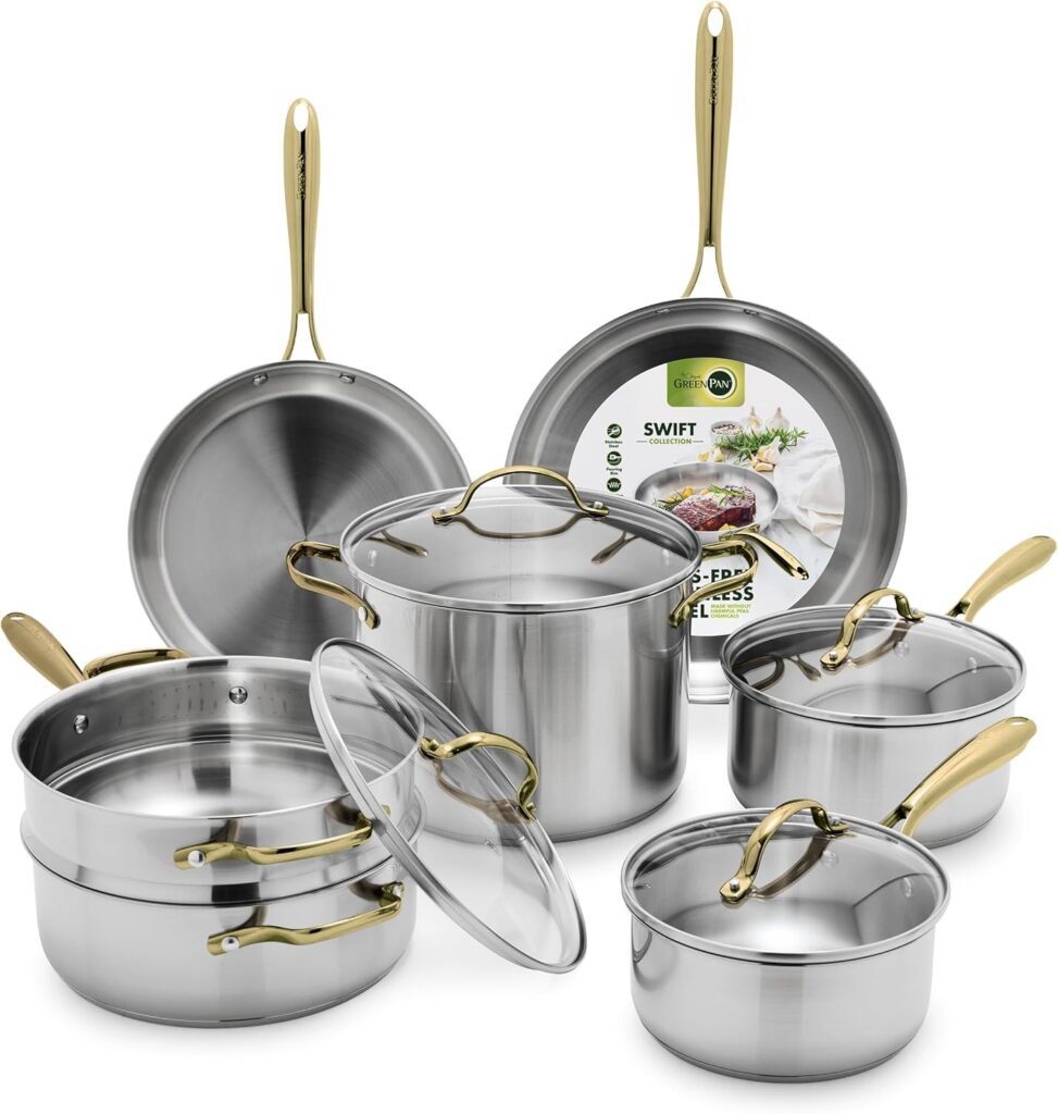 GreenPan 11 Piece Stainless Steel Cookware Set, Induction Ready, Measurement Markings, Dishwasher & Oven Safe 600F, Pots & Pans, Sauce, Saute, Frying Pans, Gold