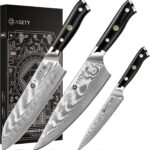 Damascus Kitchen Knife Set 3 PCS: NSF Food-Safe Japanese Knives with VG10 Steel Core, Ultra-Sharp Professional Chef Knife Set and Full Tang G10 Handle, Elegant Box