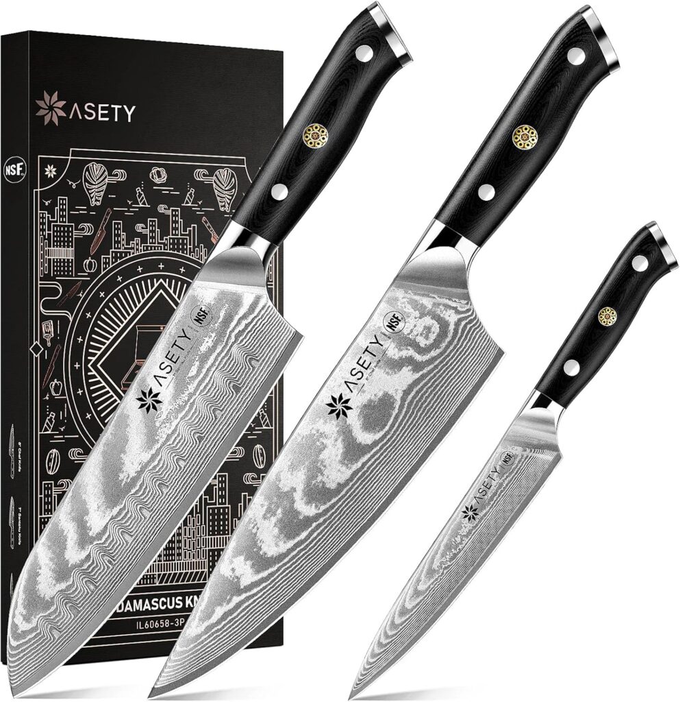Damascus Kitchen Knife Set 3 PCS: NSF Food-Safe Japanese Knives with VG10 Steel Core, Ultra-Sharp Professional Chef Knife Set and Full Tang G10 Handle, Elegant Box