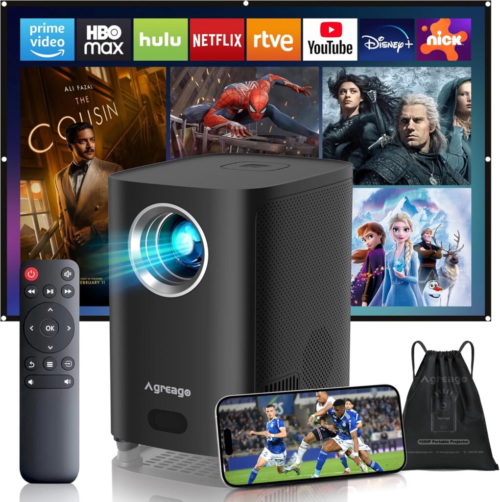 [Electric Focus] Projector with WiFi and Bluetooth, Native 1080P 15,000 Lumens 4K Supported, Agreago Outdoor Movie Projector for Home Theater UP to 300″, for iOS/Android/TV Stick/HDMI/USB