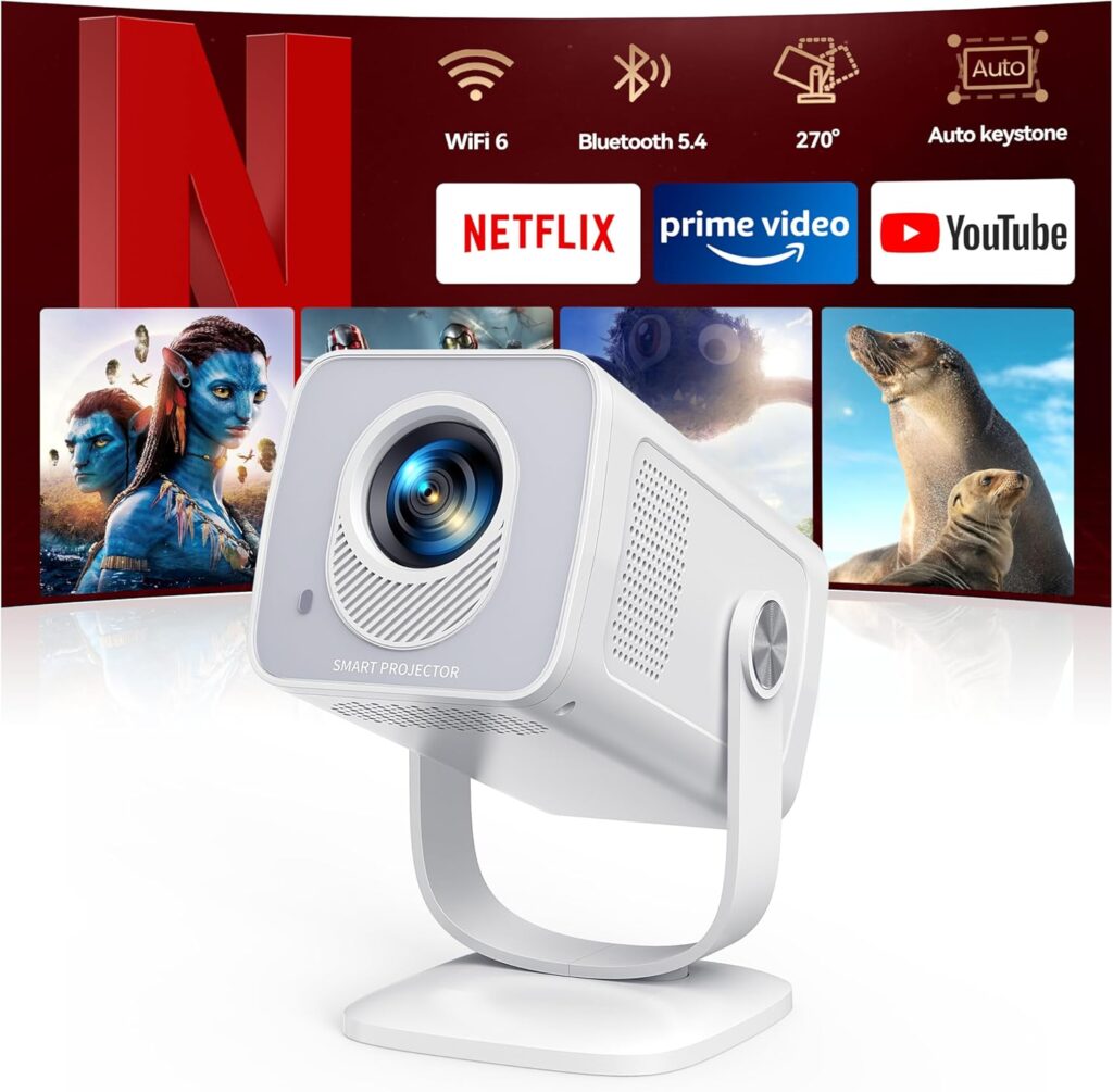 Mini Projector with WiFi6 and Two-Way Bluetooth5.4, 4K Smart 1080P Portable Outdoor Movie Proyector with Android 13 & Built-in Apps, Auto Keystone & 270° Rotation,Compatible with Phone/HDMI/TV Stick