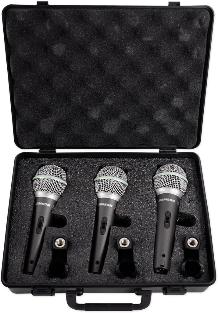 SAMSON Q6 3-Pack Dynamic Vocal Cardioid Handheld Microphones+Mic Clips+Foam Case