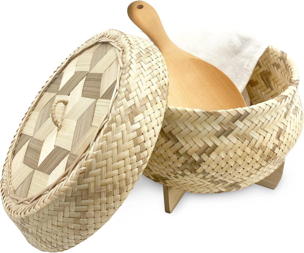 Handmade 100% Natural Thai Bamboo Sticky Rice “Electric Cooker Steamer Set”, Small Pot Insert ~ 6.5 Inch, Checkered Wicker Woven Lid, 16’’ Cheesecloth Filter, and Wooden Spoon