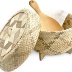 Handmade 100% Natural Thai Bamboo Sticky Rice “Electric Cooker Steamer Set”, Small Pot Insert ~ 6.5 Inch, Checkered Wicker Woven Lid, 16’’ Cheesecloth Filter, and Wooden Spoon