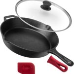 Cuisinel Cast Iron Skillet with Lid – 12″-Inch Frying Pan + Glass Lid + Heat-Resistant Handle Cover – Pre-Seasoned Oven Safe Cookware – Indoor/Outdoor Use – Grill, BBQ, Fire, Stovetop, Induction Safe