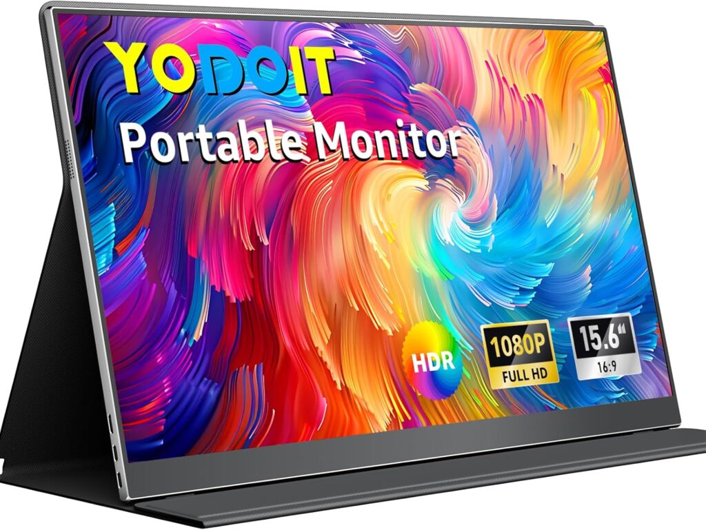 Yodoit Portable Monitor for Laptop, 15.6″ 1920×1080 Travel Screen FHD IPS Display with USB Type C Port, Speakers and Smart Cover Compatible with PC, MacBook, Xbox (Black)