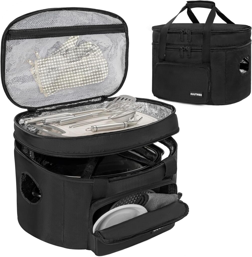 Slow Cooker Travel Bag, Double Layers Insulated Slow Cooker Carrier, Compatible with 6-8 Quart Crock Pot, Travel Carrier with Easy to Clean Lining and Large Pocket for Accessories