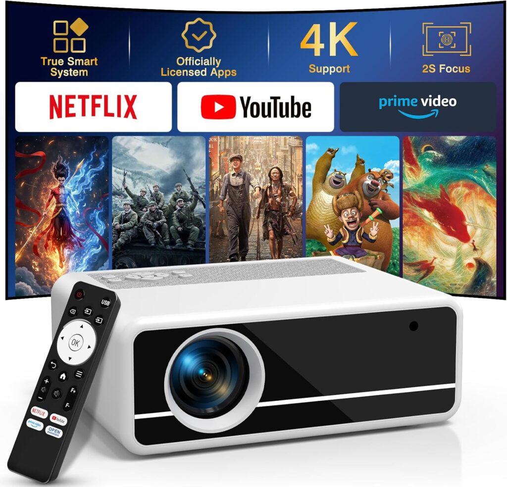 【Netflix-Officially-Licensed】PANSEBA 4K Smart Projector with WiFi Bluetooth, Auto Keystone Correction, 2S Fast Focus, Portable Outdoor Movie Projector for Gaming Phone Laptop