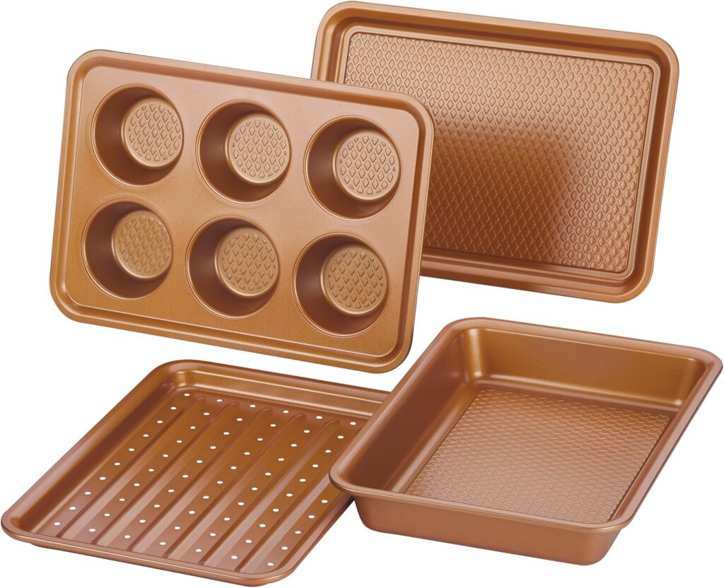 Ayesha Curry Nonstick Bakeware Toaster Oven Set with Nonstick Baking Pan, Cookie Sheet / Baking Sheet and Muffin Pan / Cupcake Pan – 4 Piece, Copper Brown