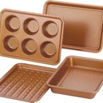 Ayesha Curry Nonstick Bakeware Toaster Oven Set with Nonstick Baking Pan, Cookie Sheet / Baking Sheet and Muffin Pan / Cupcake Pan – 4 Piece, Copper Brown