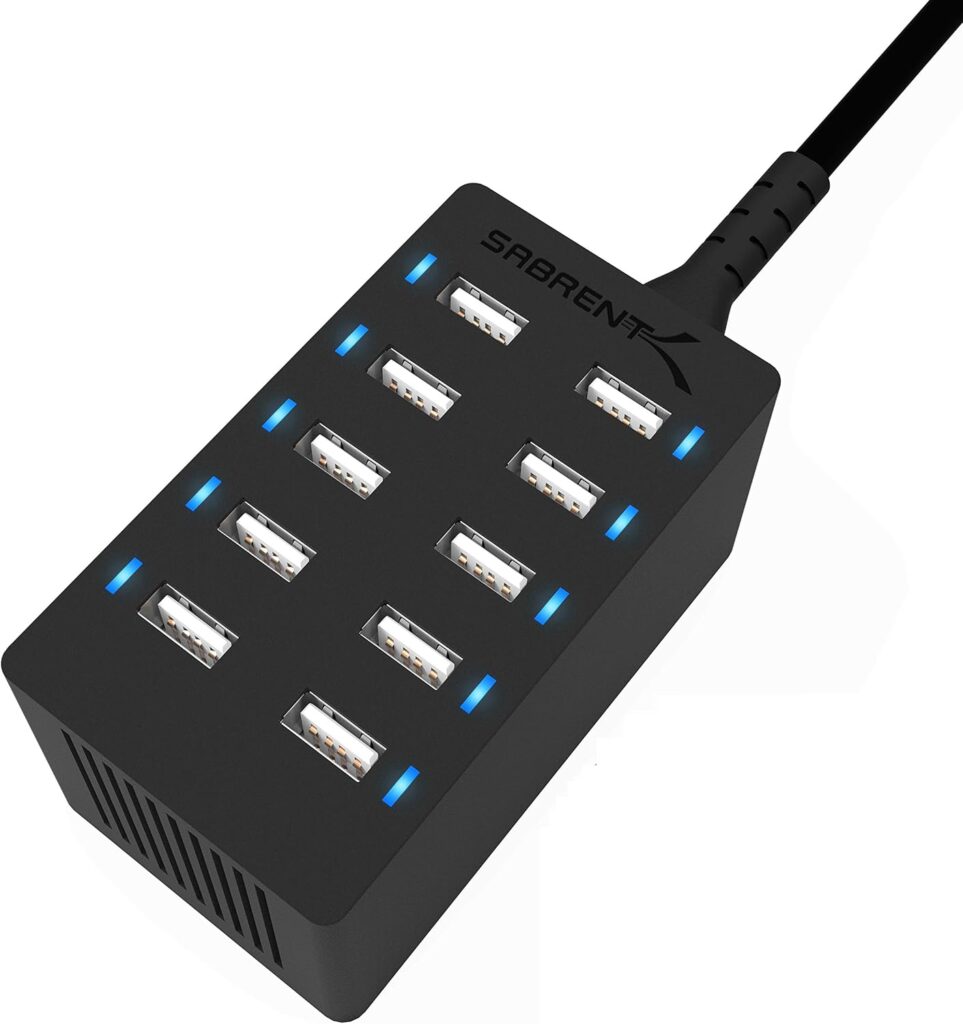 Sabrent 60 Watt (12 Amp) 10-Port [UL Certified] Family-Sized Desktop USB Rapid Charger. Smart USB Ports with Auto Detect Technology [Black] (AX-TPCS)