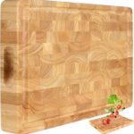 Wooden Butcher Block End Grain Cutting Board – 17x13x1.5in Reversible Multipurpose Chopping Board with Juice Groove, Cracker Holder & Inner Handles