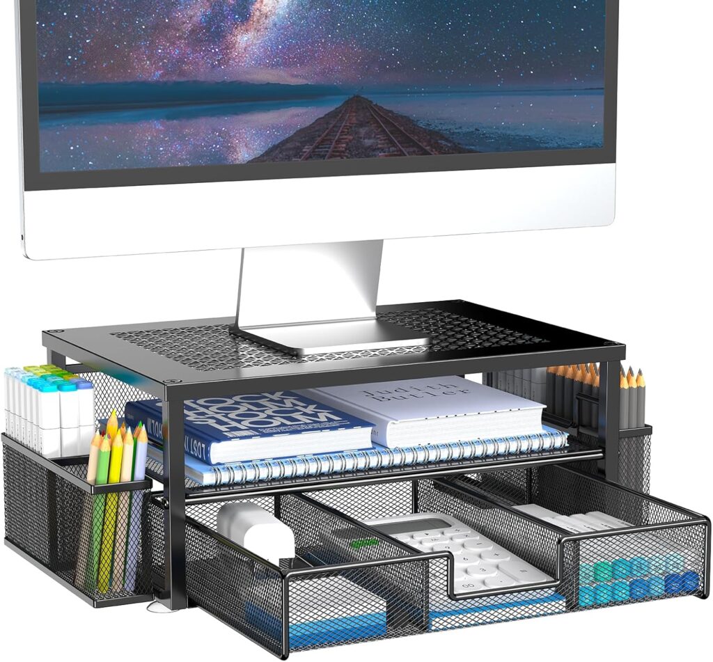 2 Tier Computer Monitor Stands with Drawer and 2 Pencil Holder, Metal Monitor Stand, Office Desk Accessories Workspace Desktop Organizers for Office Supplies, Black
