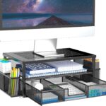 2 Tier Computer Monitor Stands with Drawer and 2 Pencil Holder, Metal Monitor Stand, Office Desk Accessories Workspace Desktop Organizers for Office Supplies, Black