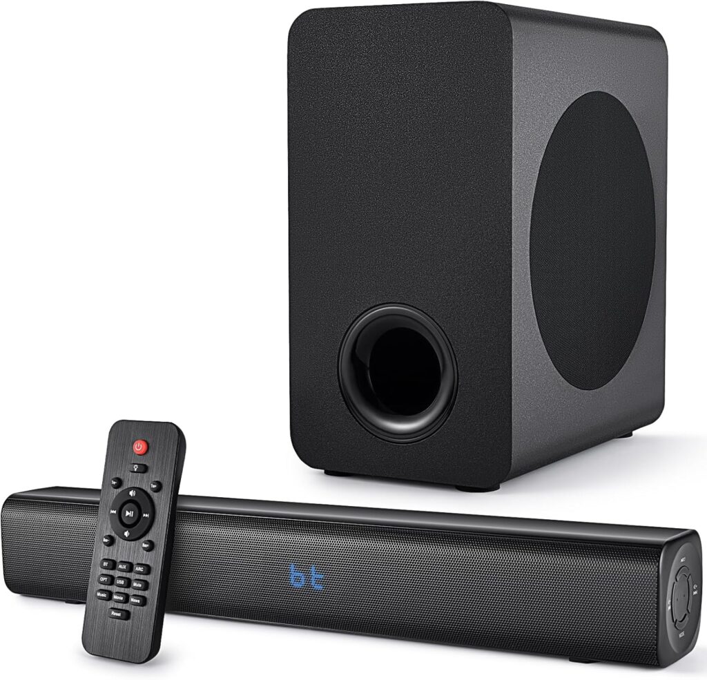 Sound Bar Speakers Bluetooth Wireless, TV Speakers Sound Bar Subwoofer, Home Theater Surround Sound Bar HDMI(ARC) Optical AUX USB 2.1ch Home Audio Sound System TV PC Wall Mount, Black