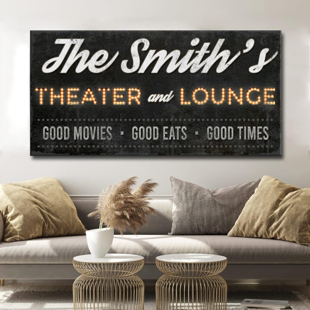 Tailored Canvases Theater Wall Decor – Personalized Movie Cinema Art Print Canvas for Studio Room Accessories, Home Media Room, Entertainment Hall, Living Room, Lounge Area – Theater in Vintage Black