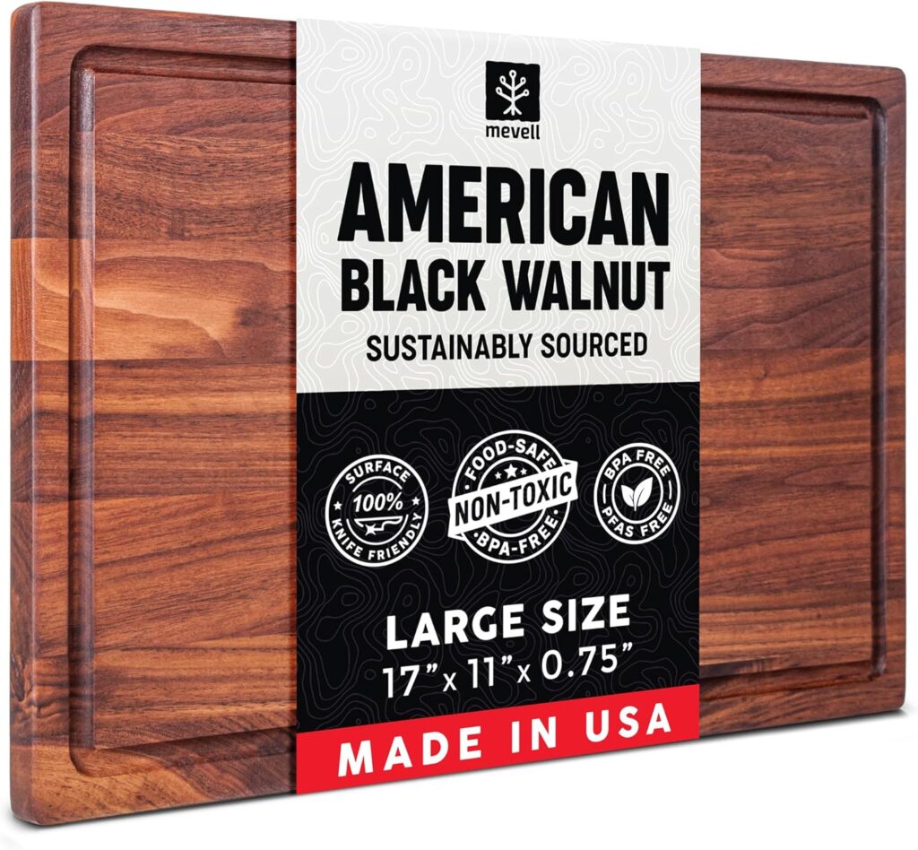 Walnut Wood Cutting Board for Kitchen, Reversible Wooden Cutting Board With Juice Grooves – Chopping Board, Charcuterie Serving Tray Made in USA (Walnut, 17x11x0.75) Made in USA