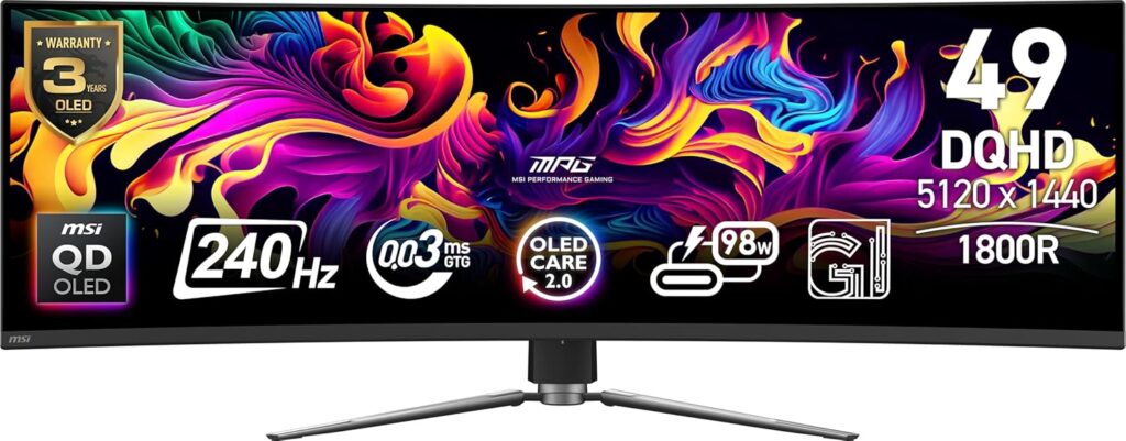 MSI MPG 491CQPX QD-OLED 49-inch QD-OLED 5120 x 1440 (DQHD) Computer Monitor, 240Hz, Adaptive-Sync, HDMI, Display Port, VGA Port, VESA Mountable, Tilt, Height Adjustable, Speaker, 0.03ms, Black