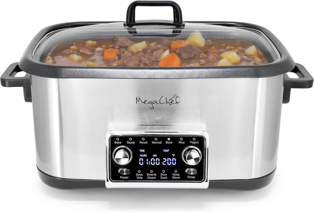 MegaChef Deluxe 8 Quart 12-in-1 Programmable Multi Cooker with Sous Vide and Multi-Functions, Digital Display, Adjustable Temperature & Time, Removable Pot, Tempered Glass Lid