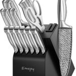 Knife Set, Emojoy 15 Pieces Kitchen Knife Block Set with Built-in Sharpener, High Carbon Stainless Steel Sharp Knife Block Set with Hollow Handle