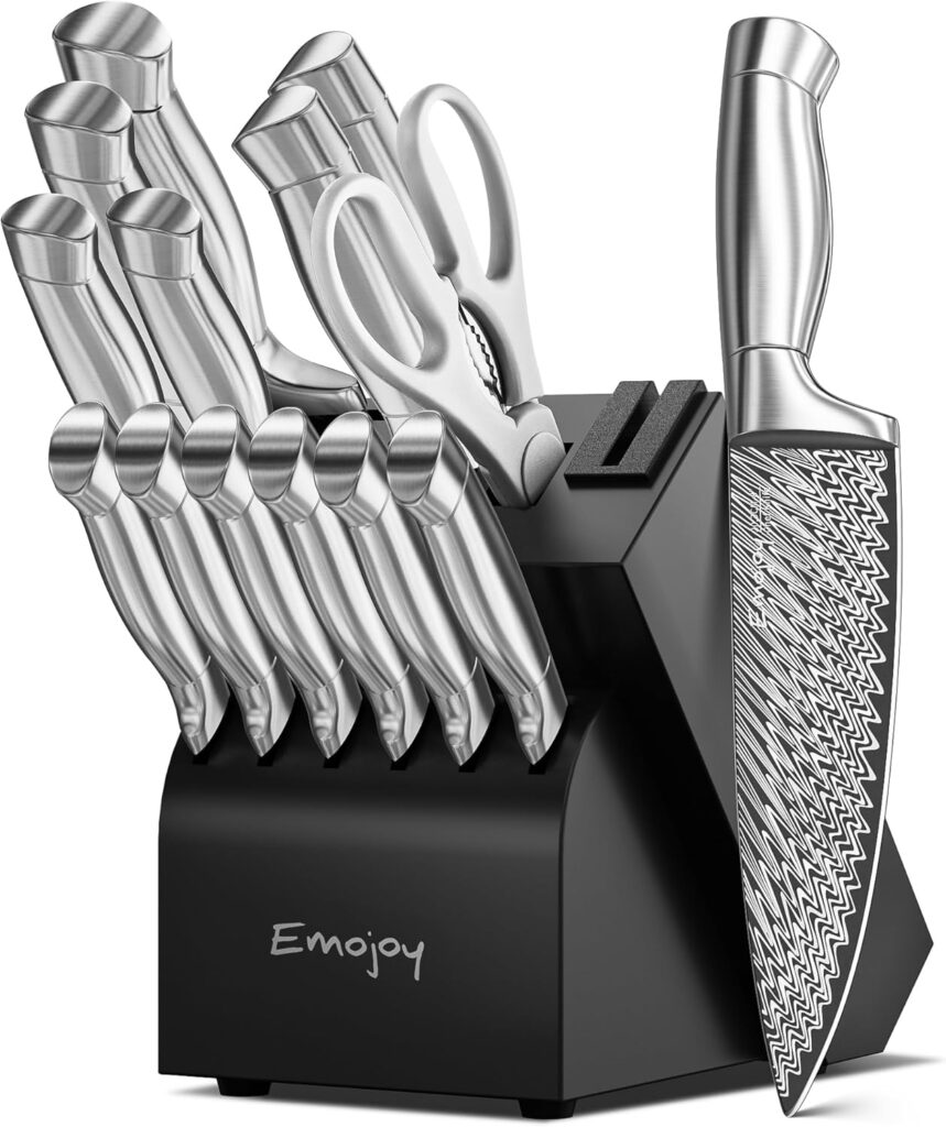 Knife Set, Emojoy 15 Pieces Kitchen Knife Block Set with Built-in Sharpener, High Carbon Stainless Steel Sharp Knife Block Set with Hollow Handle