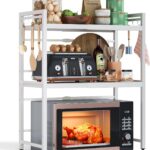 NETEL Expandable Microwave Stand,3 Tier Metal Kitchen Countertop Organizer Shelves with 8 Hooks,Bakers Rack,Microwave Shelf,Microwave Oven Rack,55lbs Weight Capacity