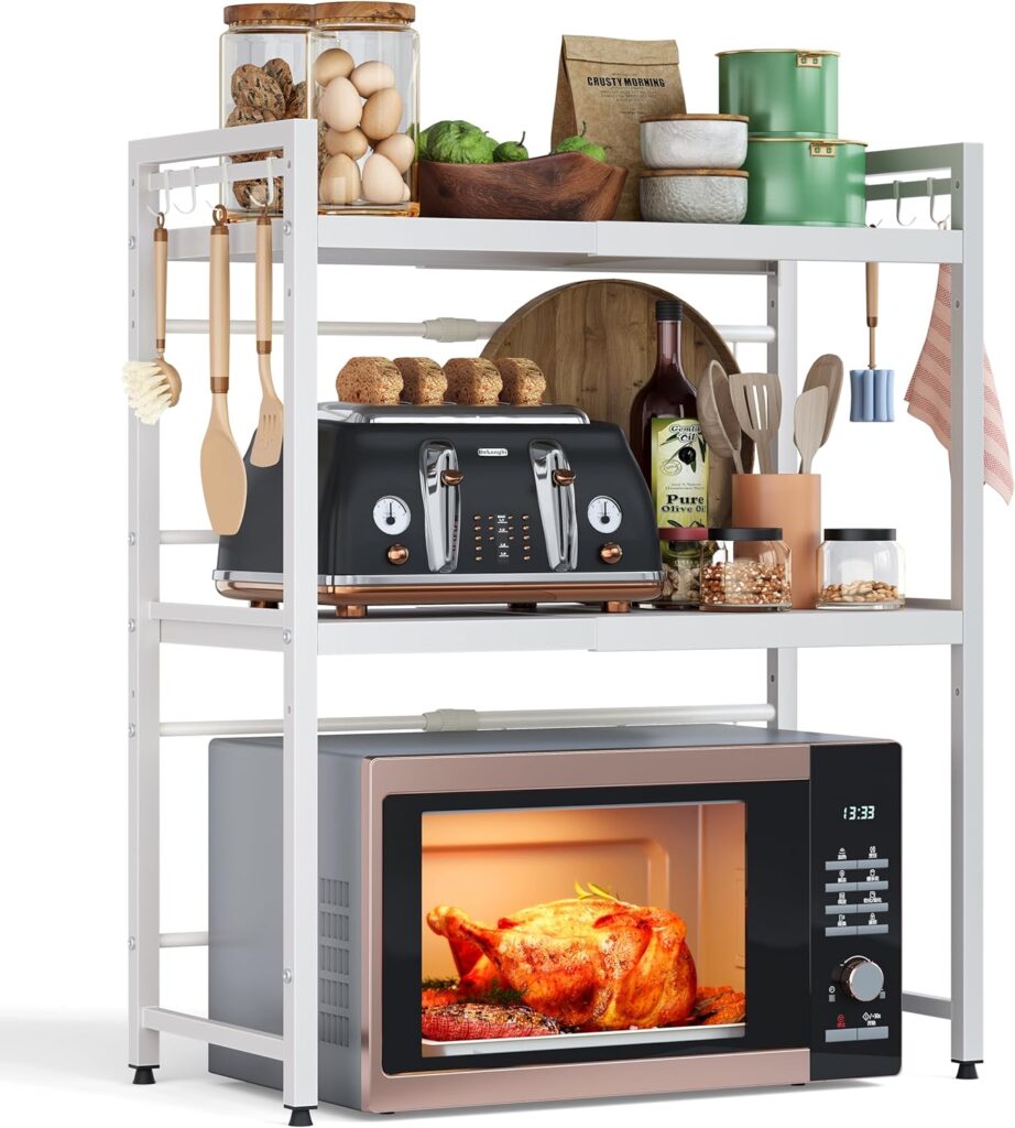 NETEL Expandable Microwave Stand,3 Tier Metal Kitchen Countertop Organizer Shelves with 8 Hooks,Bakers Rack,Microwave Shelf,Microwave Oven Rack,55lbs Weight Capacity