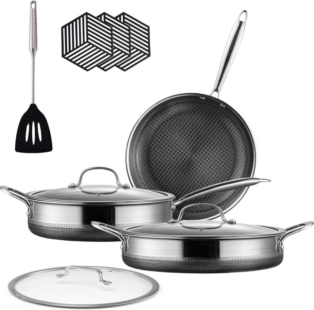 Frying Pan Set,Hybrid Pots and Pans Set,2.5/4/6.5QT Frying Pan,Non Stick 10 Piece Tri-play Cookware Sets,Non-toxic Pan with Tempered Glass Lids,Stay Cool Handles,Induction Dishwasher&Oven Safe
